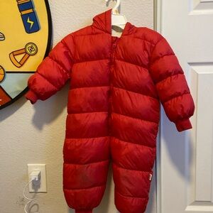 Red hooded winter jumpsuit